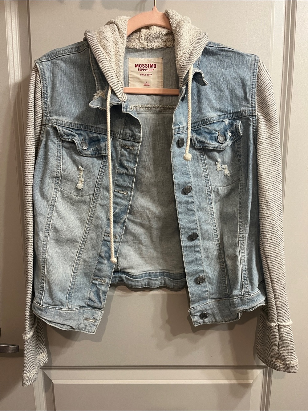 Mossimo Supply Co. Light Blue Denim Jacket with Gray Knit Hood & Sleeves